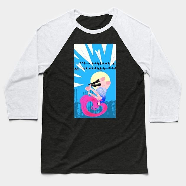 Paper plane beautiful woman upside down moon town and bird Baseball T-Shirt by meisanmui